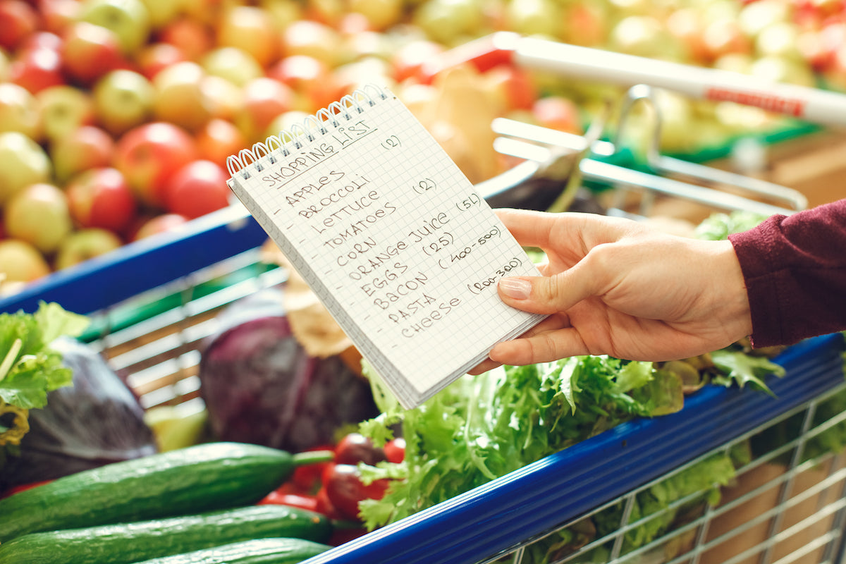 Einkaufsliste und Einkaufswagen