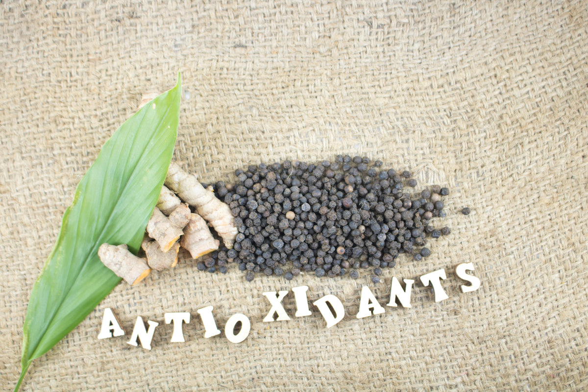 Ein Bild von einer Curcuma Wurzel mit Buchstaben darunter, die das Wort Antioxidants formen